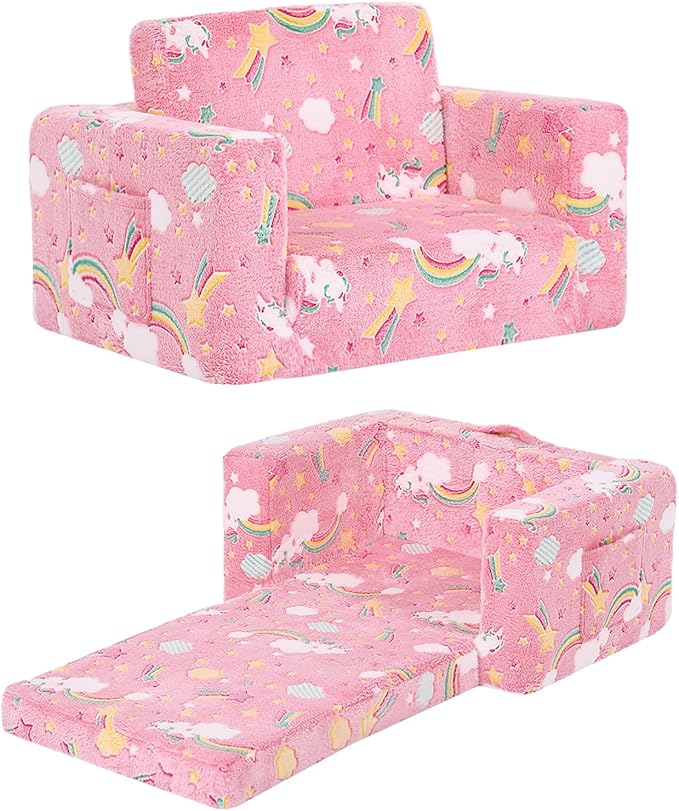 Toddler Chair Kids Couch, 2-in-1 Comfy Armchair with Removable and Washable Cover Carrying Handle, Convertible Reading Chair Toddler Couch for Girls and Boys, Pink Rainbow-Ruum Studio Home