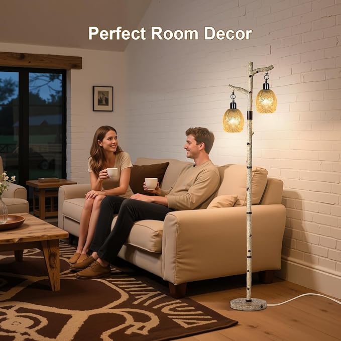 Scenekoy Retro 68.5” Tall Floor Lamp With Carving Shade, Farmhouse Resin Standing Lamp & Faux Birch Tree Finish, Dimmable Corner Lamp Stand Up Light with Bulb Prefer for Living Room Bedroom Home Decor-Ruum Studio Home