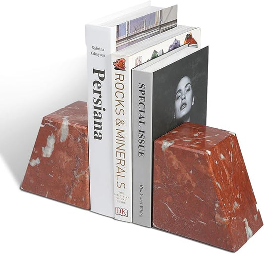 Marble Book Ends Decorative, Unique Bookends for Shelves，Bookends to Hold Heavy Books Durable Book Holder Stopper for Home Office Desk Bookshelf Decoration, Set of 2, Rosso Francia-Ruum Studio Home