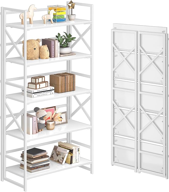 4NM 5 Tiers No Assembly Book Shelves, 51.2" H Folding Bookshelf Bookcase Open Industrial Foldable Shelves for Bedroom, Living Room, Home Office - All White-Ruum Studio Home