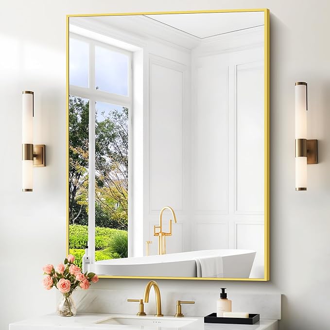 36x55inch Bathroom Mirror, Gold Rectangle Mirror with Thin Metal Frame, Large Rectangular Wall Mirror for Bathroom, Living Room, Hair Salon, Big Farmhouse Mirror Hang Horizontal/Vertical-Ruum Studio Home