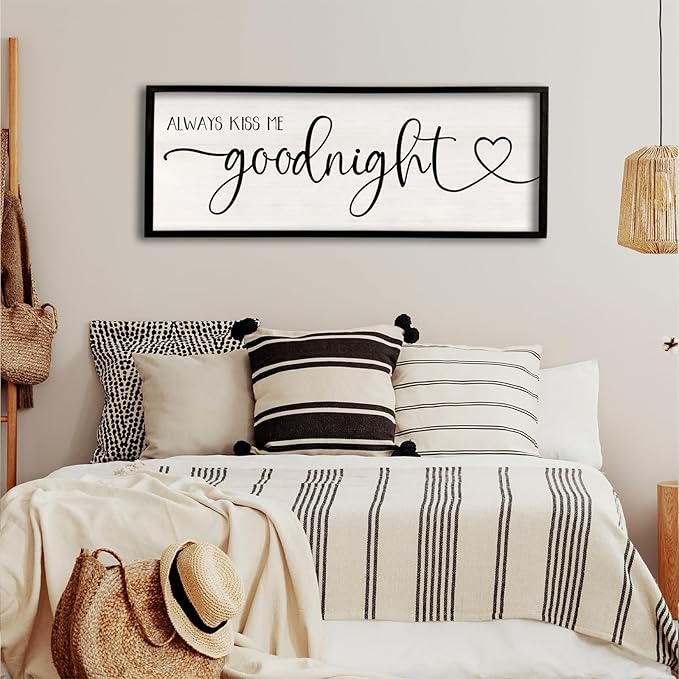 flowtorely Always Kiss Me Goodnight Wall Sign For Master Bedroom Above Bed Wall Decor 40''×15'' Large Rustic Solid Wood Frame For Farmhouse Couples Above bed Wall Art Decoration (Black)-Ruum Studio Home
