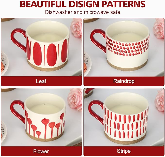 Koja Hand Painted 15 oz. Porcelain Ceramic Mugs Set. Service for 4. (Hand Painted - Red)-Ruum Studio Home