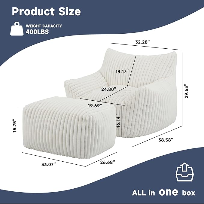 Giant Bean Bag Chairs for Adults, Oversized Chaise Lounge Chair Indoor with Memory Foam - Plush Boneless Lounger & Ottoman for Bedroom, Living Room, Gaming & Reading, Lazy Floor Sofa Chair, Beige-Ruum Studio Home