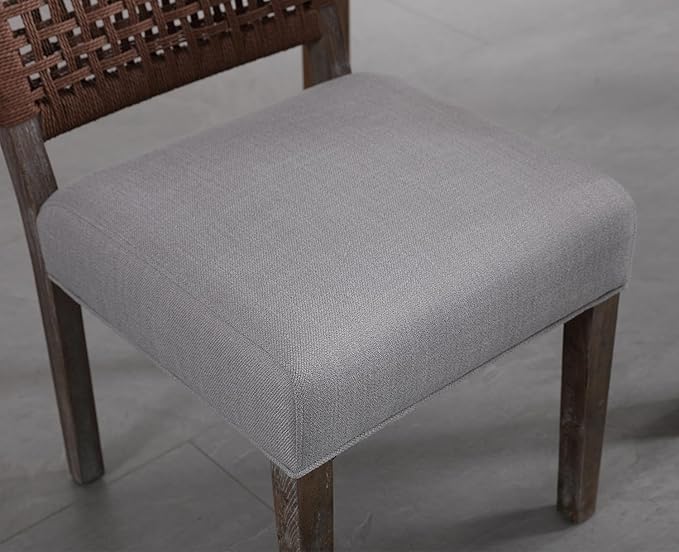 Kmax Farmhouse Dining Chairs Set of 4, Rustic Kitchen Chairs with Linen Fabric Seat and Woven Back, Vintage Accent Chairs for Dining Room, Living Room, Grey-Ruum Studio Home