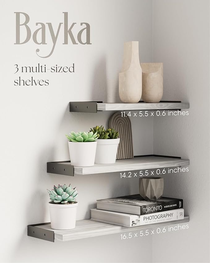 BAYKA Wall Shelves for Bedroom Decor, Floating Wall Shelves for Living Room Kitchen Storage, Wall Mounted Rustic Wood Floating Shelves for Kids Books, Corner Shelf for Bathroom(Gray White，Set of 4)-Ruum Studio Home