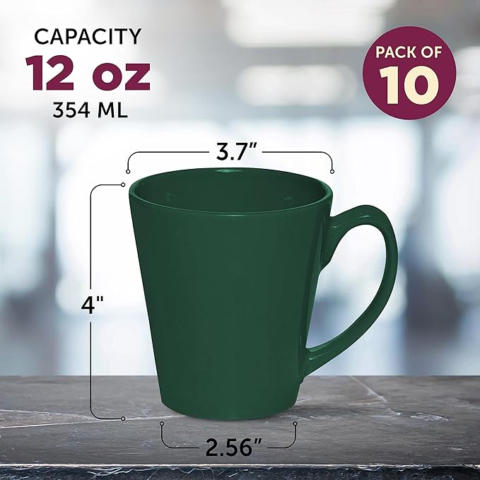 DISCOUNT PROMOS Glossy Ceramic Latte Coffee Mug 12 oz. Set of 10, Bulk Pack - Perfect for Tea, Espresso, Cappuccino, Hot Cocoa - Green-Ruum Studio Home