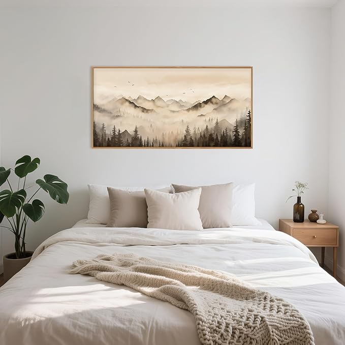 Nature Misty Forest Framed Canvas Wall Art Set, Foggy Landscape Wall Decor, Watercolor Pine Tree Wall Painting, Large Mountains Art Print for Living Room, Bedroom, Office - 20"X40"-Ruum Studio Home