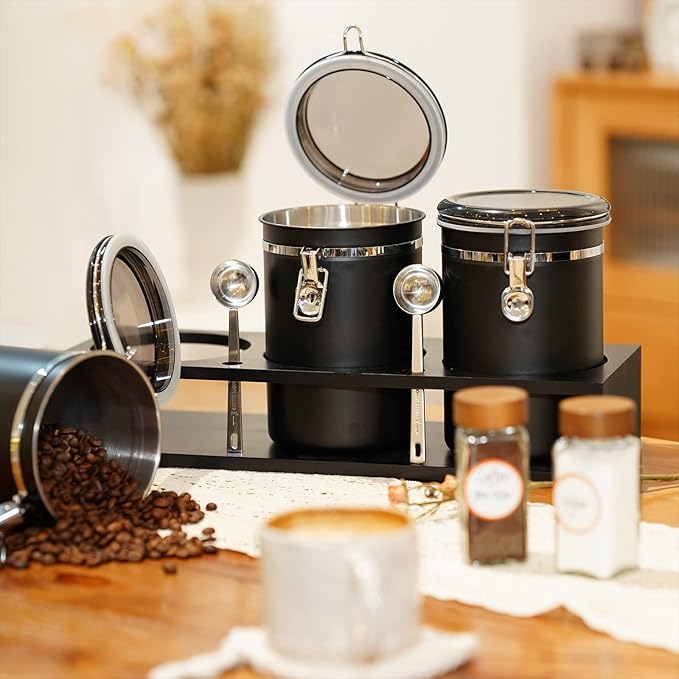 Yangbaga 3x63OZ Sugar Coffee Canisters with Shelf, 304 Stainless Steel Coffee Station Container for Ground Coffee Bean Storage with Airtight Locking Clamp&Scoop, Cereal Containers Storage for Kitchen-Ruum Studio Home