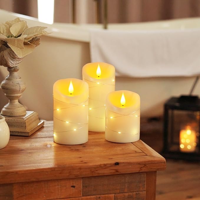 Homemory Flameless Candles with String Lights, 3 Pack Embedded Fairy String Lights LED Candles, Electric Flickering Candles with Remote Control and Timer, Real Wax, Ivory White-Ruum Studio Home
