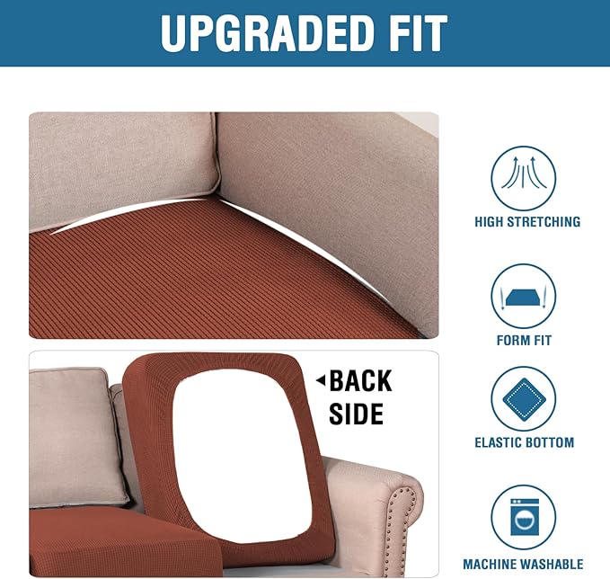 H.VERSAILTEX Super Stretch Individual Seat Cushion Covers - Sofa & Couch Cushion Slipcover Sets - Thick Jacquard Textured Twill Fabric (3 Piece, Rust)-Ruum Studio Home