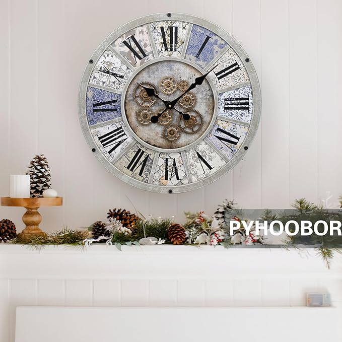 Unique Moving Gear Large Wall Clock 21inch-Battery Powered. Retro Industrial Steampunk Country Farmhouse Decor for The Living Room Kitchen Bars cafes Offices(whith/metal/21)-Ruum Studio Home