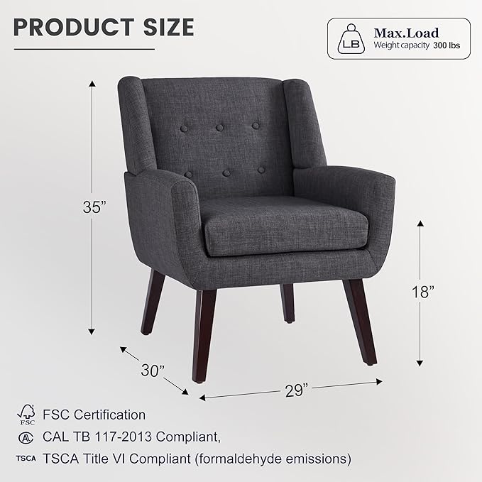 HUIMO Button-Tufted Accent Chairs Set of 2,Upholstered Reading Living Room Chair,Mid Century Modern Chair with Linen Fabric, Club Chair,Comfy Arm Chairs for Living Room,Bedroom,Grey-Ruum Studio Home