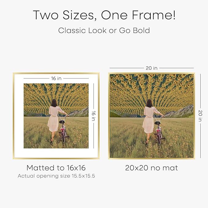 Homeforia 20x20 Picture Frame Gold, High End Metal 20 x 20 Square Poster Frame with Mat 16 x 16 Photo, 20x20 Frame Matted to 16x16 Print, 20by20 Gold Hanging Frames, Tempered Glass, Wall Kit, Set of 1-Ruum Studio Home