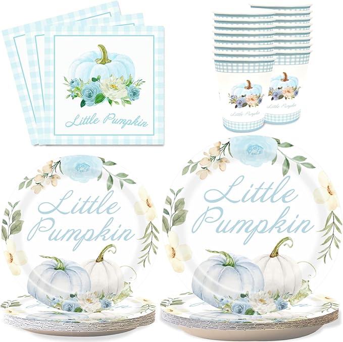 Aukolass Pumpkin Party Supplies Tableware Set - Fall Theme Party Decorations Including Plates, Napkins and Cups for Pumpkin Birthday and Baby Shower Party, Serves 24 Guests (blue)-Ruum Studio Home