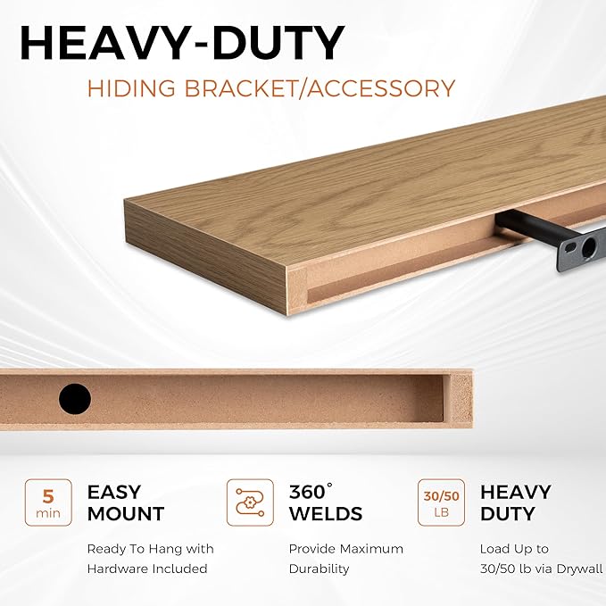 Fun Memories 30" Rustic Wood Deep Floating Shelves for Wall, Invisible Brackets for Decor & Storage, Living Room, Bathroom (Oak, Set of 2)-Ruum Studio Home