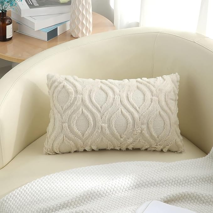 decorUhome Fall Throw Pillow Covers 12x20 Inch Set of 2, Soft Plush Decorative Faux Fur Beige Solid Couch Pillow Covers, Accent Farmhouse Neutral Lumbar Euro Pillow Cases for Sofa Bed Living Room-Ruum Studio Home
