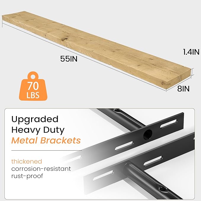 Fun Memories Floating Shelves for Wall Decor, 55"x8" Rustic Reclaimed Wood Shelves, Heavy-Duty Wall Mounted Shelves with Invisible Brackets for Living Room, Bedroom, Kitchen, Natural Finish-Ruum Studio Home