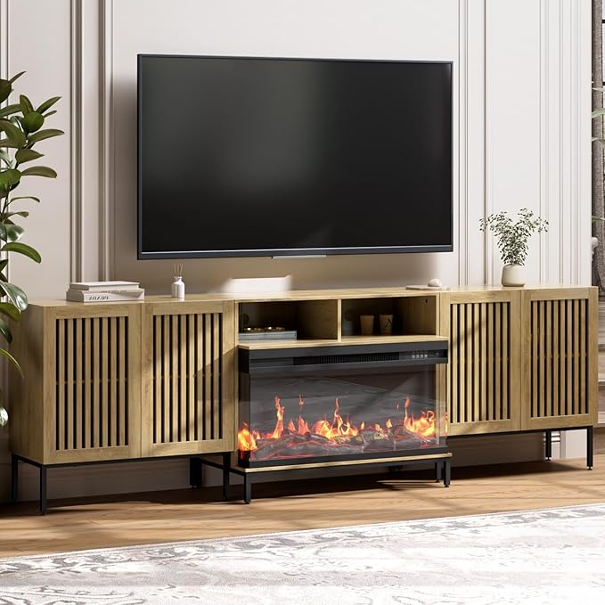 3-Sided Glass Farmhouse Fireplace TV Stand for TVs Up to 100 Inch, Entertainment Center with 36" Electric Fireplace, Oak TV Console with Storage Cabinets for Living Room-Ruum Studio Home