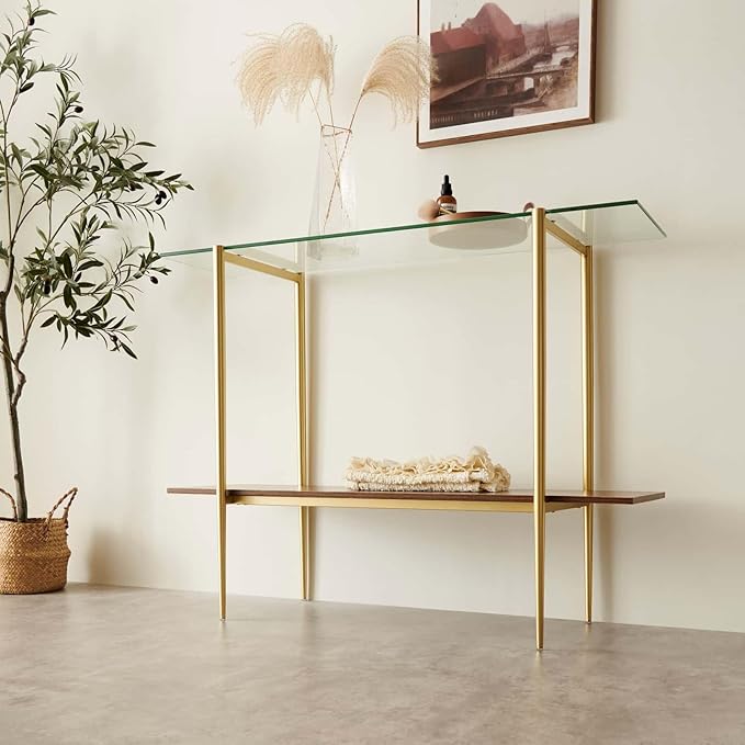 Glass Console Table for Living Room, Foyer & Entrance, 2-Tiers Mid-Century Modern Sofa Table with Clear Glass Top, Walnut Finish Wood Top and Gold Finish Metal Frame-Ruum Studio Home