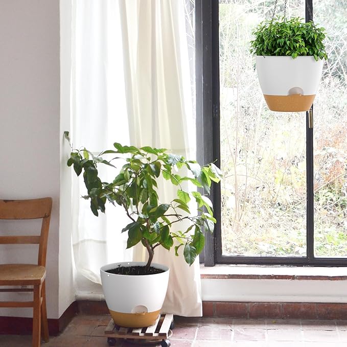 ZMTECH 12 Inch Hanging Planters for Indoor Outdoor Plants, 1 Pack Self Watering Hanging Plant Pots with Drainage Holes and Removable Saucer, Plastic Flower Hanging Pots with Watering Lip (White)-Ruum Studio Home