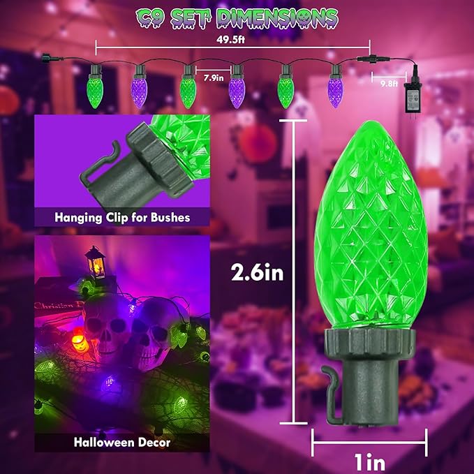 Extendable Purple and Green 2PK 100 LED C9 Halloween Lights Indoor Outdoor Waterproof, 98FT Super Bright C9 String Lights 13 Modes with Timer for Tree Patio Party Garden Halloween Decorations-Ruum Studio Home
