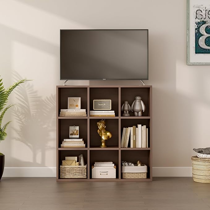 9-Cube Storage Shelf Bookcase - Wooden 3-Tier Floor Standing Open Bookshelf for Home and Office, Cuby Orgainzer, Walnut-Ruum Studio Home