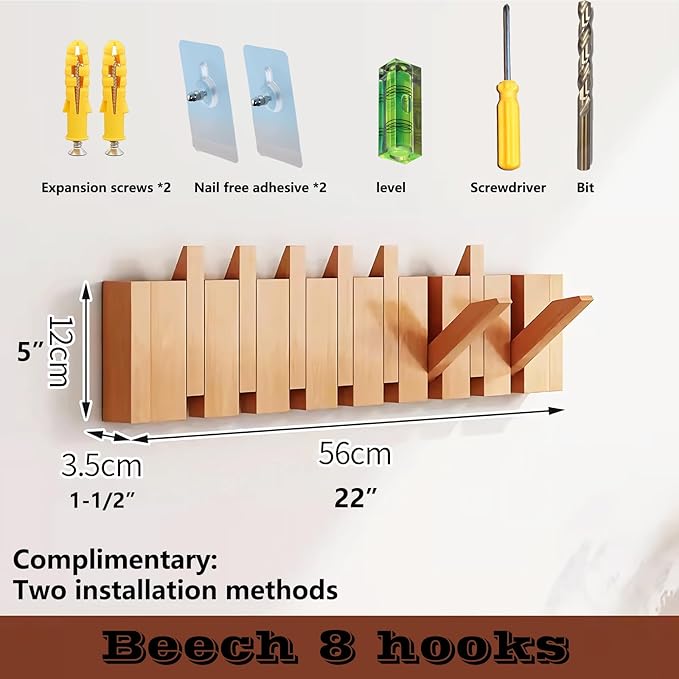 Wall Mounted Piano Key Hanger | Flip Style Hook | Entrance Wall Art Hook, Made of Oak Wood (3 Times Painted, 4 Times Polished) (Beech, 8Hooks)-Ruum Studio Home