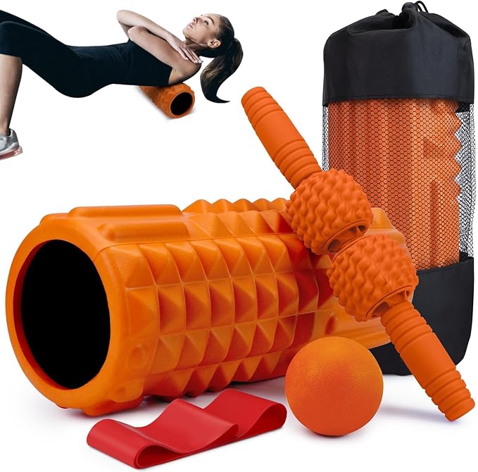 5-in-1 Foam Roller Set, Massage Roller Stick, Massage Ball, Resistance Band for Deep Muscle Massage, Trigger Point Release, Pilates, Yoga (Orange)-Ruum Studio Home