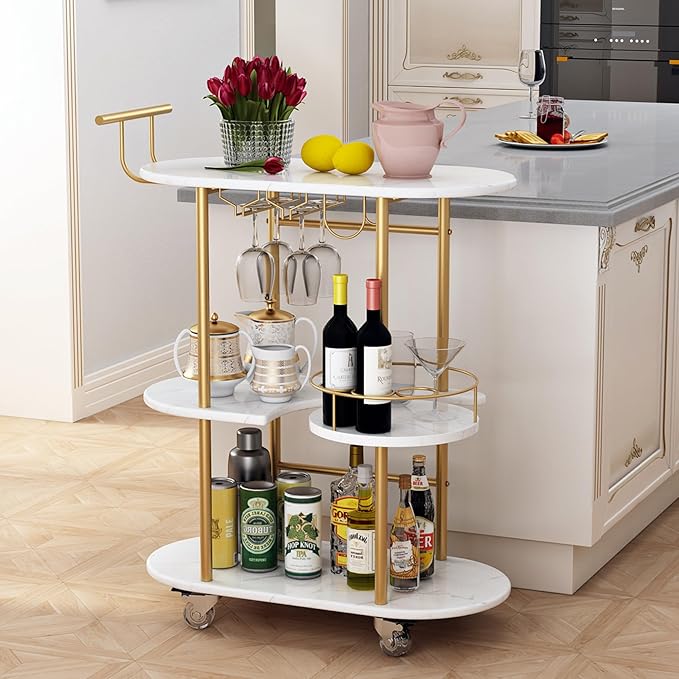 3 Tier Gold Bar Carts for Home Bar Serving Cart with Wheels, Heavy Duty Bar Wine Cart with Storage Shelves, for The Living Room, Kitchen, Bar, Party-Ruum Studio Home