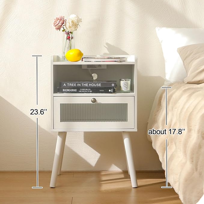 AWASEN White Nightstand with Charging Station, Modern Bedside Table with Glass Decorative Drawer, Small End Side Table with 2 Tiers Storage Space, for Bedroom, Office and Small Space(White)-Ruum Studio Home