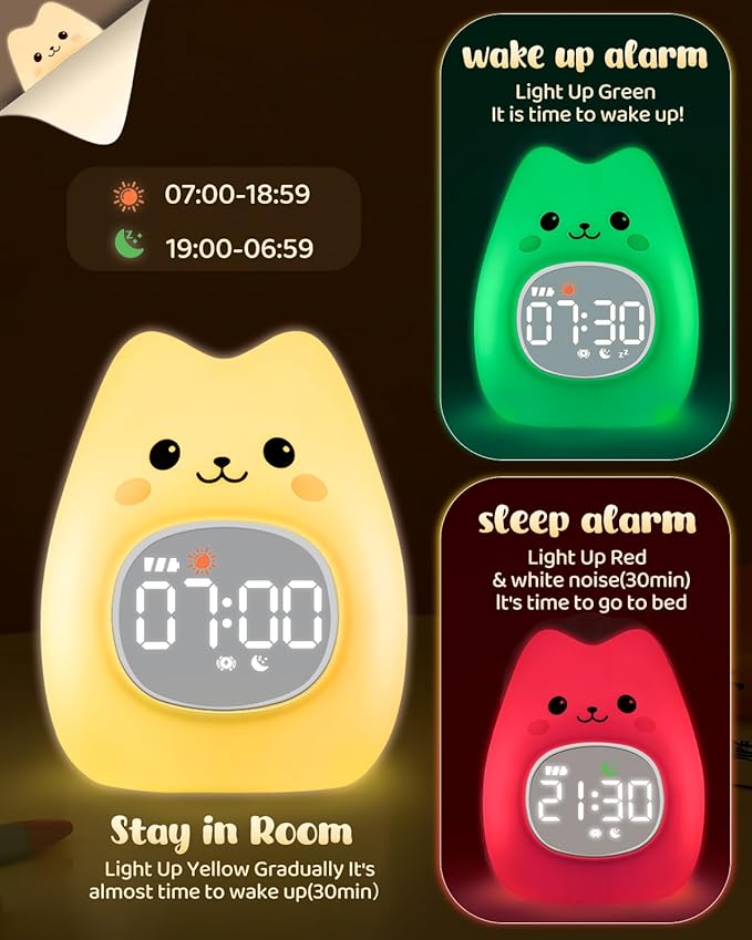 Cat Alarm Clock for Kids with Night Light, Sleep Training Clock Time to Wake Clock, Rechargeable Silicone Light for Bedroom, Perfect Sleep Companion for Boys Girls-Ruum Studio Home