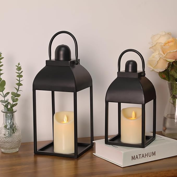 Lanterns Decorative Indoor Outdoor 15" 11" Set of 2 Lantern Decor Black Metal Candle Lanterns with Flameless Candles, Outdoor Lanterns for Porch Patio Wedding Mantle Home Decor-Ruum Studio Home