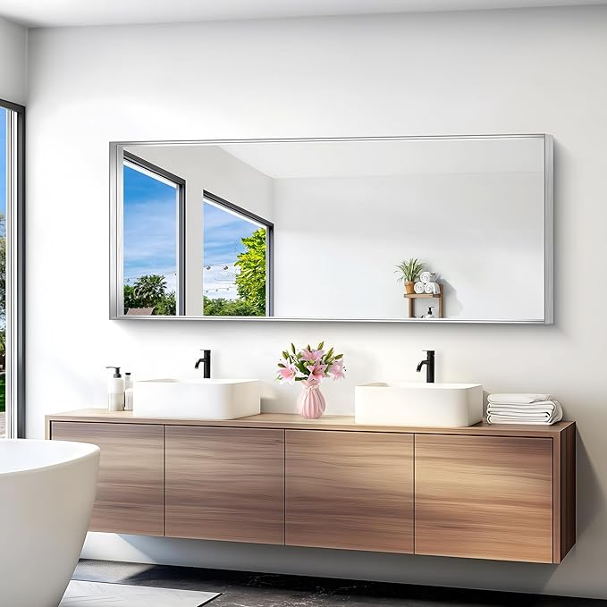 Silver Bathroom Mirror, 72x30 Inch Rectangular Deep Frame Mirror, Large Wall Mounted Bathroom Vanity Mirror Over Sink for Bedroom,Restroom, Living Room, Hangs Vertically or Horizontally-Ruum Studio Home