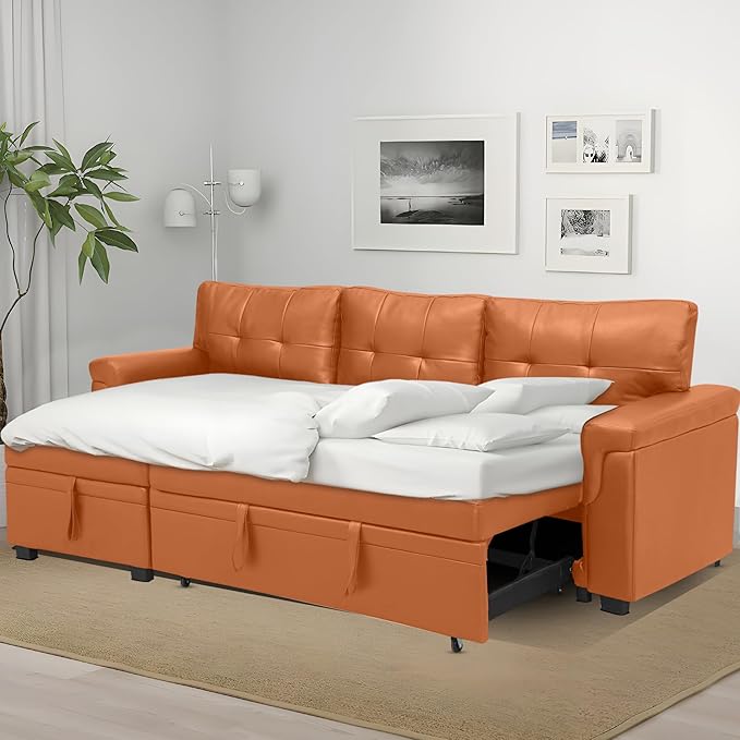 Naomi Home Transform Any Space: Sleeper Sectional Sofa with Convertible Sofa Bed & Inviting Chaise. Find Tranquil Comfort with Stress-Relieving Design & Durable Cushions - Caramel,Air Leather-Ruum Studio Home