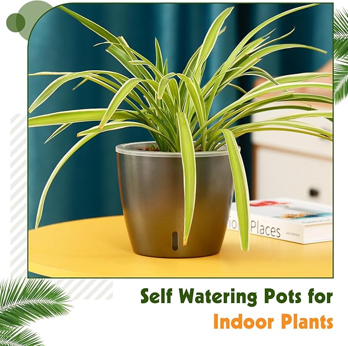 Self Watering Pots for Indoor Plants, 6-Pack 5'' Self Watering Planter with Drainage Holes, Small African Violet Pots with Water Indicator, Clear Wick Orchid Pot, Grey Gold-Ruum Studio Home