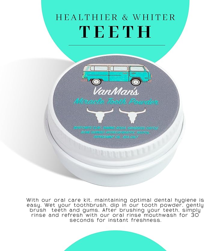 Vanman’s - Tiny Mint and Bone Tooth Powder Toothpaste - Flouride-Free Whitening Tooth Powder with Cattle Bone Derived Hydroxyapatite, Bentonite Clay, Peppermint Oil - Remineralizing - 0.25 oz-Ruum Studio Home