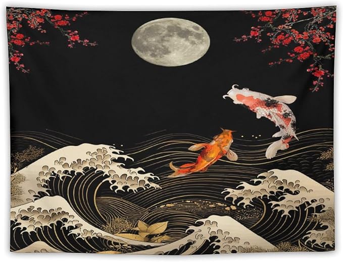 Houselerax Koi Fish Tapestry, Japanese Style Yin Yang Big Wave Cherry Blossom Tapestries Wall Hanging for Bedroom Living Room Office Decor 80"x60"-Ruum Studio Home