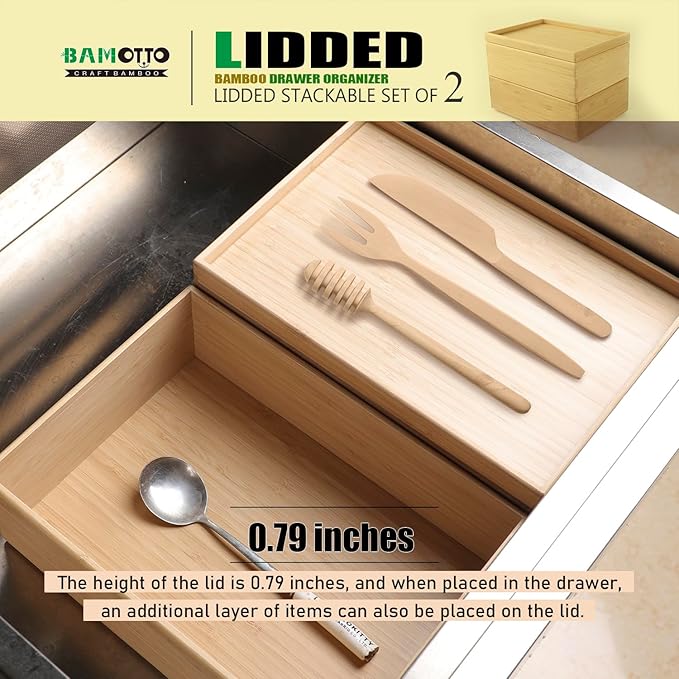 Stackable Bamboo Drawer Organizer Set – 2 Boxes with 1 Lid | Wood-Laminated Trays for Kitchen Utensils, Silverware & Flatware – Storage Fits Cabinets, Pantry, Bathroom & Office | 10.2"x7.3" (2-Pack)-Ruum Studio Home