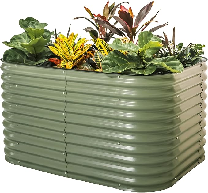 Vego garden 32" Extra Tall Raised Garden Bed Kits, 6 in 1 Modular Raised Planter Box for Vegetables Flowers Fruits Oval Metal Raised Garden-Olive Green-Ruum Studio Home