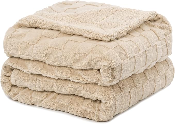 Pawque Super Soft Cozy Throw Blanket for Couch Sofa Bed - Fluffy Sherpa Fleece Reversible Thick Warm Fuzzy Blanket for All-Season, 3D Checkered Jacquard Elegant Decorative Blankets, Khaki, 50" x 60"-Ruum Studio Home