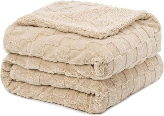 Pawque Super Soft Cozy Throw Blanket for Couch Sofa Bed - Fluffy Sherpa Fleece Reversible Thick Warm Fuzzy Blanket for All-Season, 3D Checkered Jacquard Elegant Decorative Blankets, Khaki, 50" x 60"-Ruum Studio Home