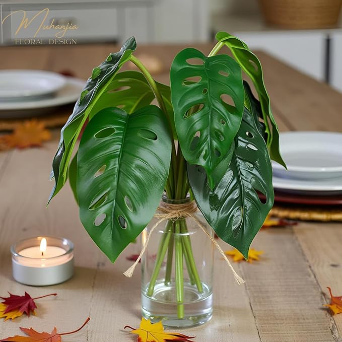 Artificial Flowers Turtle-Back, Alocasia Leaf, in Glass Vase with Faux Water,7Pcs Artificial Leaves Real Touch Latex Leaves for Centerpiece (1, Turtle-Back Leaf)-Ruum Studio Home