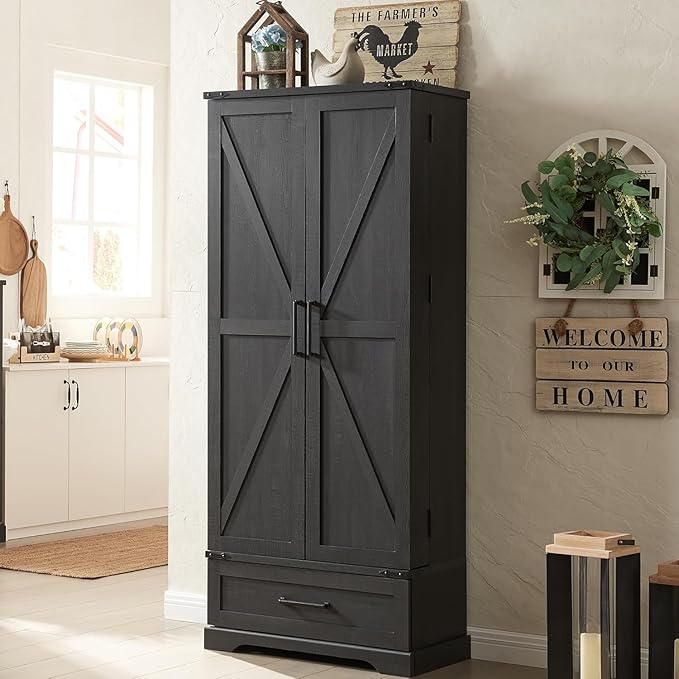 72" Farmhouse Kitchen Pantry Cabinet with Drawer, Tall Storage Cabinet with 2 Barn Doors and Shelves, Versatile Large Rustic Storage for Dining Room, Bathroom, Living Room, Black-Ruum Studio Home