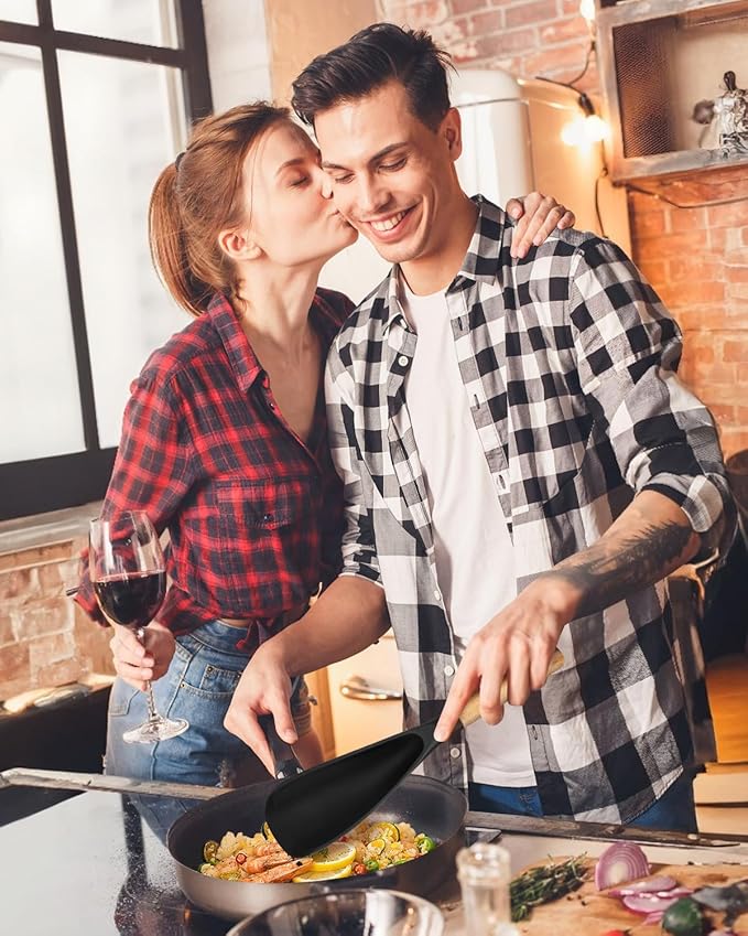 Cooking Spoon for Nonstick Cookwares, Great for Cooking and Serving Sturdy BPA-Free Matte Silicone, Wood Handle Spoon for Mixing, Scoop, and Scrape (2 Pack of Black, 11.4 inch)-Ruum Studio Home