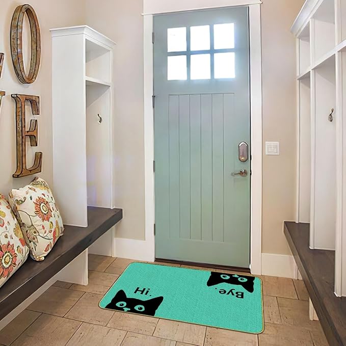 Mingnei Hi Bye Cat Welcome Doormat for Home Kitchen Entrance, Funny Black Cat Lover Floor Mat for Indoor/Outdoor Entryway Rug 30x17 (Green)-Ruum Studio Home