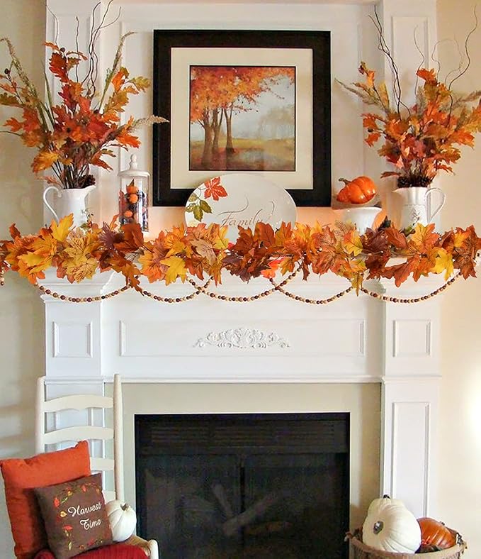 DearHouse 2 Pack Fall Maple Leaf Garland - 5.9Ft/Piece Hanging Vine Artificial Autumn Foliage for Thanksgiving, Home, Wedding, Fireplace, Party, Christmas Decor (Light Orange)-Ruum Studio Home