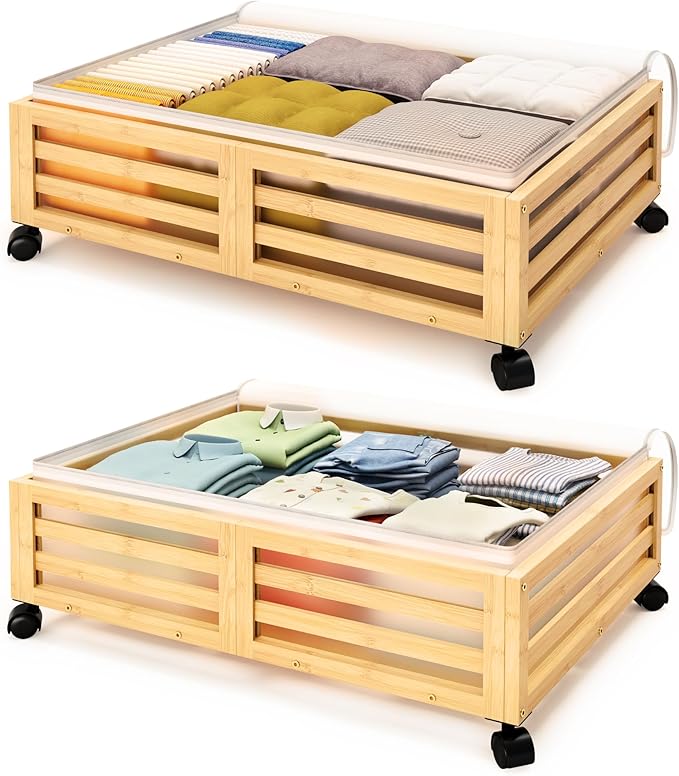 Under Bed Storage Containers With Wheels - 2 Pcs Bamboo Wood Rolling Underbed Shoe Storage Bins With Dust Bags for Clothes Blankets, Duvet Covers Snacks Toys (Natural)-Ruum Studio Home