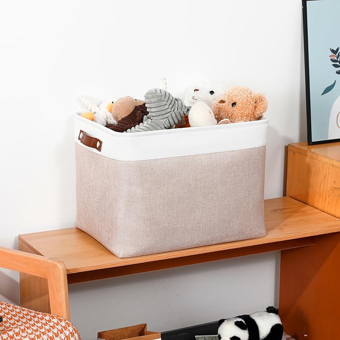 DULLEMELO Fabric Storage Bins, Lining Fabric Baskets For Gifts, Large Storage Baskets for Toys Books Clothes Storage, Foldable Storage Basket for Office Home Shelves Closets Organizing(White&Khaki)-Ruum Studio Home