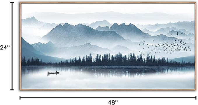 Indigo Framed Canvas Wall Art Misty Mountain Wall Pictures Foggy Lake Boat Canvas Painting Prints Forest Birds Canvas Wall Decor for Living Room Bedroom Decorations Natural Framed 24" x 48"-Ruum Studio Home